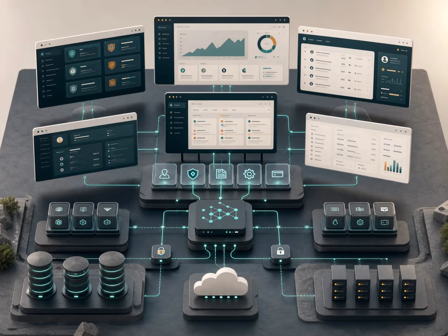 A premium architecture map of admin portals, APIs, analytics, and cloud services